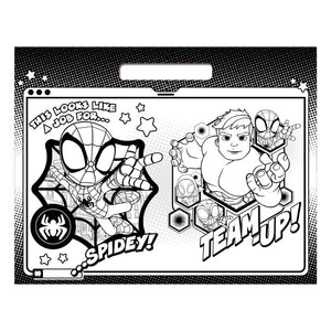 A black and white comic book style party decoration sheet featuring Spider-Man and a superhero character with the words 'THIS LOOKS LIKE A JOB FOR.