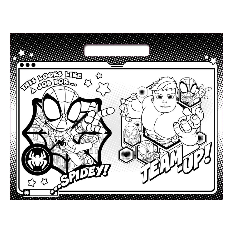 A black and white comic book style party decoration sheet featuring Spider-Man and a superhero character with the words 'THIS LOOKS LIKE A JOB FOR.