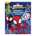 Front cover of the Disney+ Marvel Spidey and the Amazing Friends: Treasury of Sensational Stories book, featuring Spider-Man, Miles Morales, Gwen Stacy, and a purple villain character against a blue city skyline background.