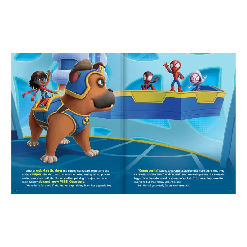 A printed children's book or activity booklet page featuring colorful cartoon characters, including a large brown dog in a blue helmet and Spider-Man-themed figures on a blue platform, with text blocks at the bottom.
