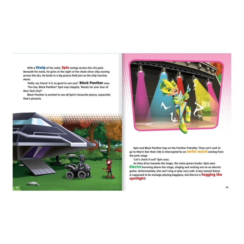 ASpideyandHisAmazingFriends_TreasuryofSensationalStoriesVol.4_5 black car, a pink background, and several small inset photos and blocks of text. It does not appear to be a clean product shot, and the page itself looks like editorial or reference artwork rather than a standard sellable product photo.