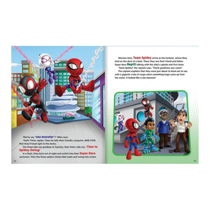 A printed children's book spread showing colorful Spider-Man illustrations and text. The left page has three Spider-Man scenes with city buildings and action, and the right page shows a comic-style inset with Spider-Man and other characters in front of a control room.