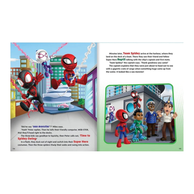 A printed children's book spread showing colorful Spider-Man illustrations and text. The left page has three Spider-Man scenes with city buildings and action, and the right page shows a comic-style inset with Spider-Man and other characters in front of a control room.