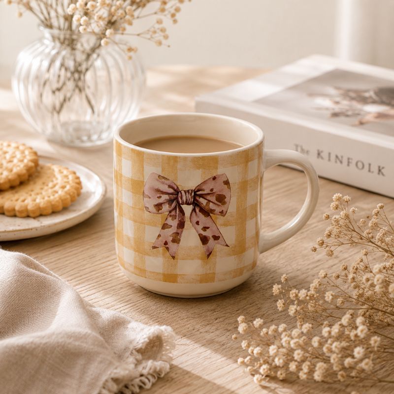 A Splosh -Saddle & Bloom Bow Mug. The mug is styled with dried flowers, cookies on a plate, a glass vase, and a book in a warm, cozy indoor setting.