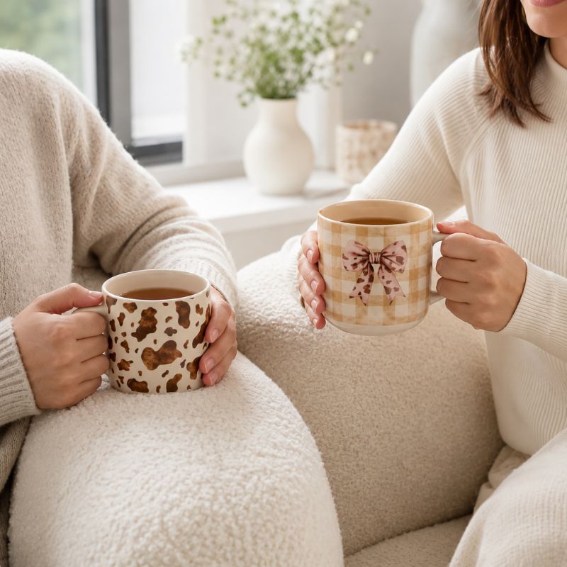Two people sitting on a cozy cream-colored couch, each holding a saddle & bloom cow mug. The person on the left holds a cow mug, and the person on the right holds a mug with a tan and white gingham pattern featuring a pink bow graphic.