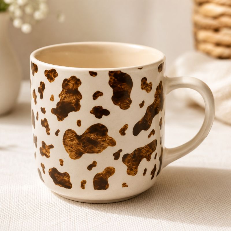 A Splosh - Saddle & Bloom cow mug on a cream background, set on a textured beige tablecloth with a softly blurred background.