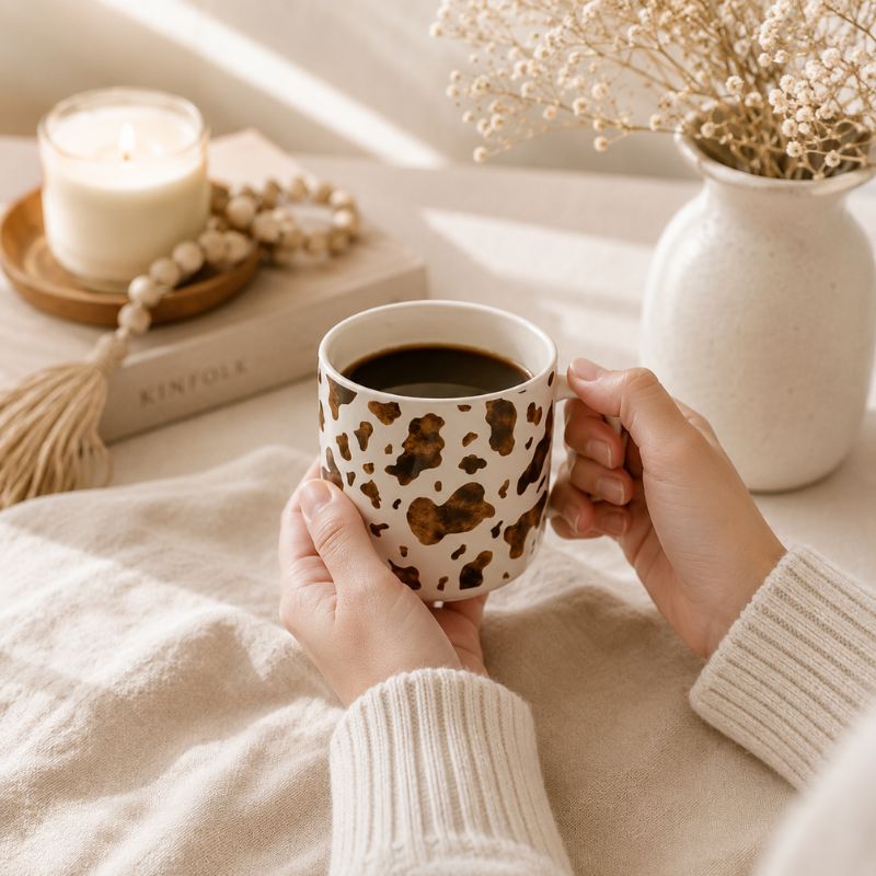A person holds a Saddle & Bloom Cow Mug filled with black coffee. The cozy scene is styled with a lit candle, a book, and dried flowers in a vase on a warm, sunlit background.