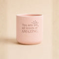 Pink speckled ceramic planter with “You are all kinds of amazing” quote on beige background