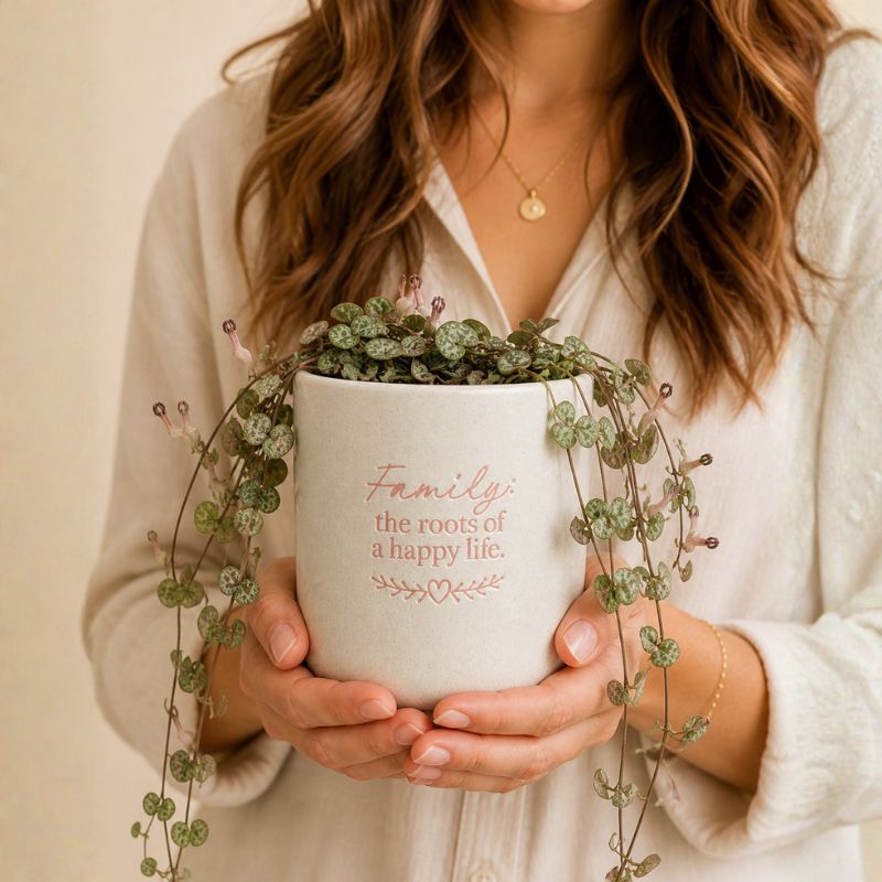 Woman holding Splosh family quote ceramic planter with trailing vine plant