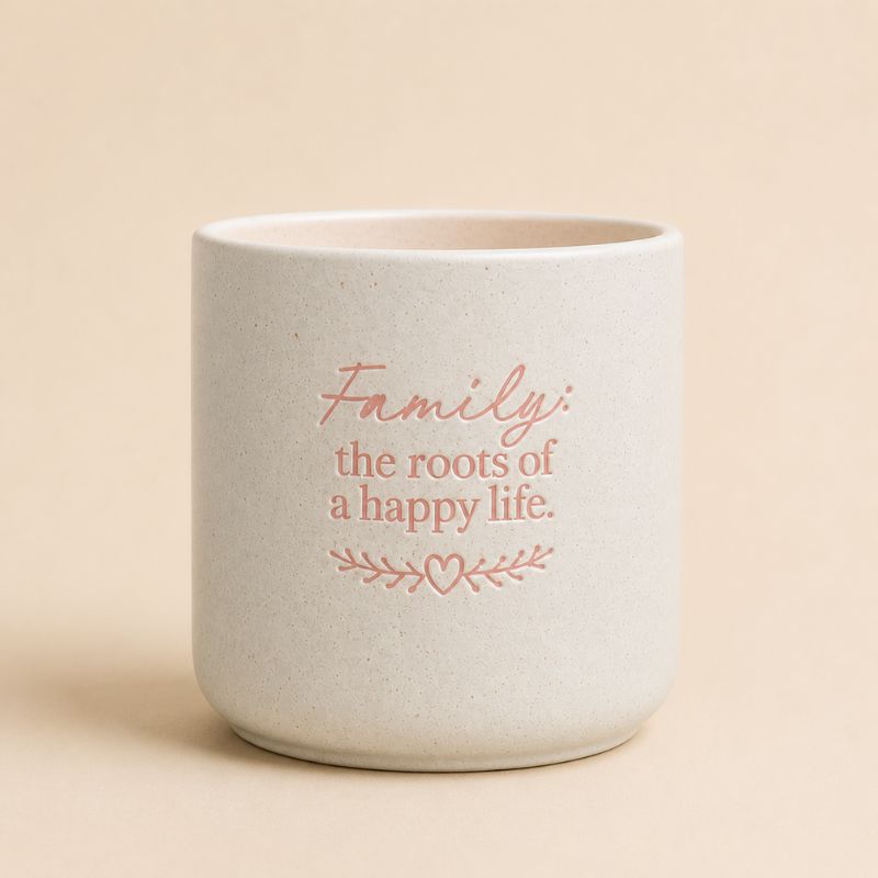 Splosh ceramic planter with “Family the roots of a happy life” quote on beige background