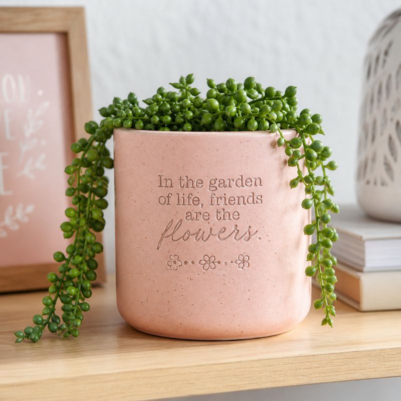 Pink ceramic quote planter with trailing green plant on wooden shelf