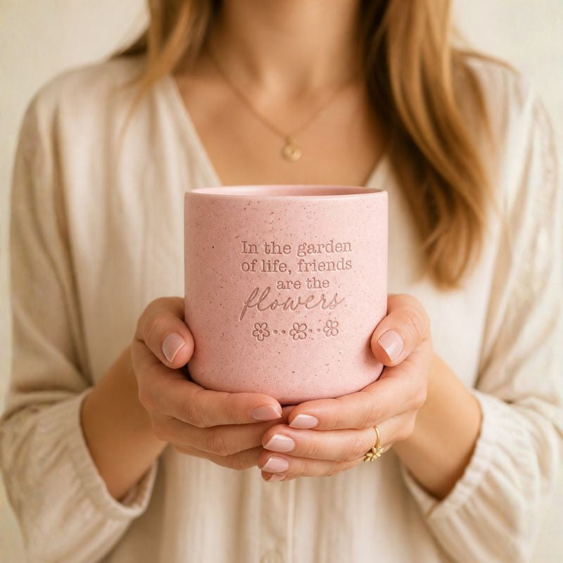 Woman holding pink ceramic planter with inspirational quote gift