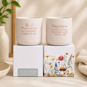 Ceramic happiness quote planter displayed with gift box packaging