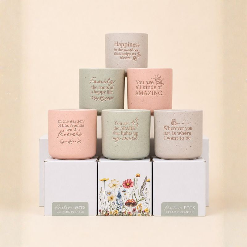 Set of pastel ceramic quote planters arranged in soft neutral background