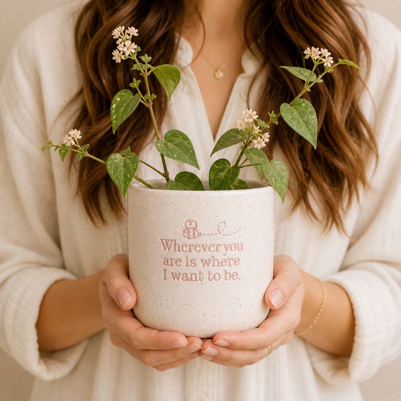Woman holding ceramic quote planter with trailing green plant