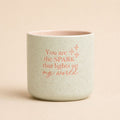 Sage green ceramic quote planter with “You are the spark that lights up my world” text on beige background