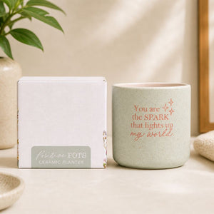 Sage green ceramic quote planter with gift box packaging on neutral background