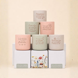 Set of pastel ceramic quote planters with gift boxes arranged in soft neutral setting