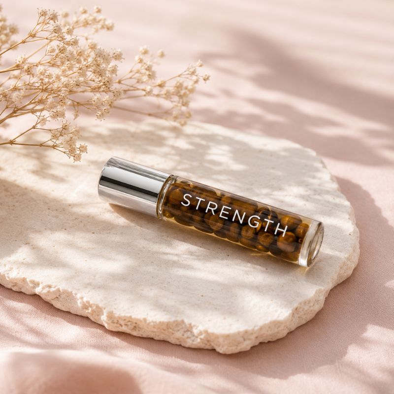 Roll-on bottle labeled 'STRENGTH' on a stone surface with dried flowers.