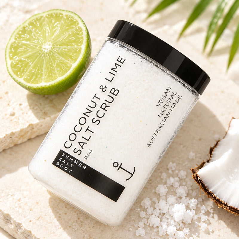 Coconut and Lime Salt Scrub styled with fresh lime, coconut and salt crystals