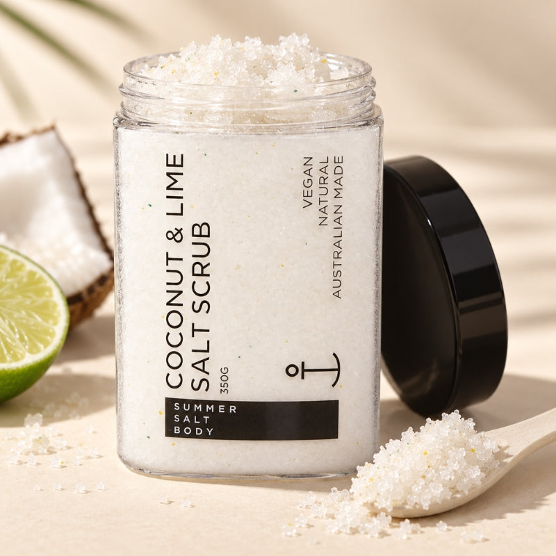 Open Coconut and Lime Salt Scrub tub showing coarse exfoliating salt texture