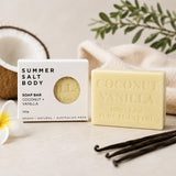 Summer Salt Body Coconut & Vanilla Soap Bar - 100g with packaging on a neutral background