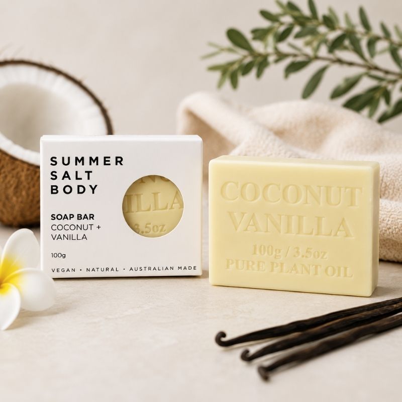 Summer Salt Body Coconut & Vanilla Soap Bar - 100g with packaging on a neutral background