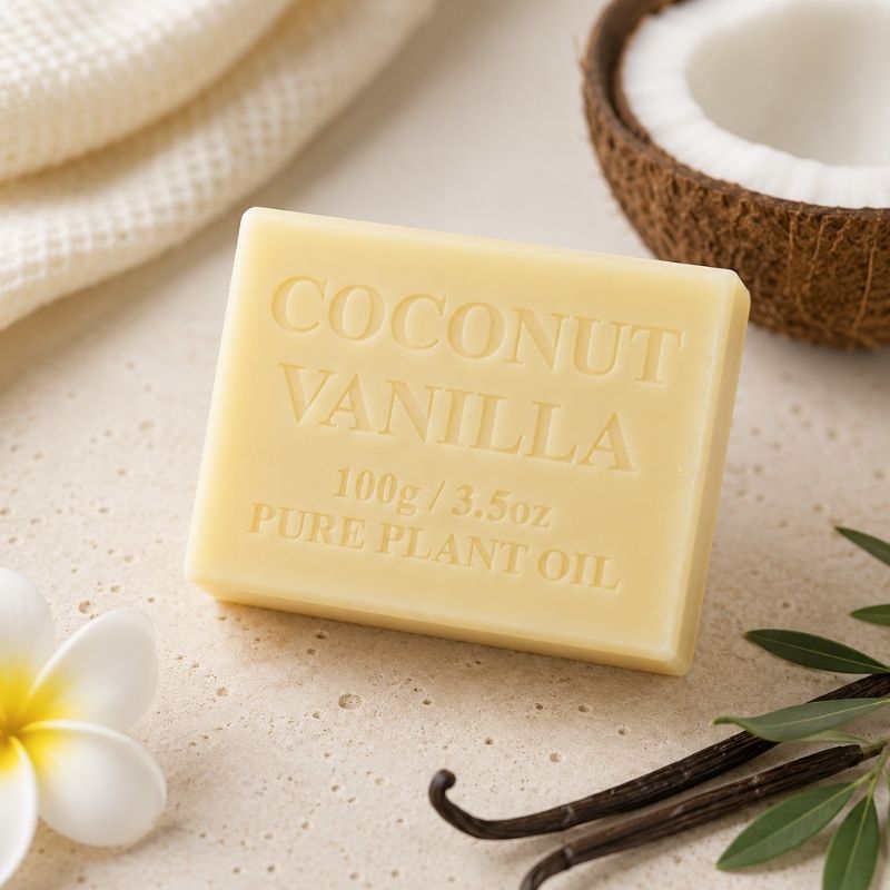 Bar of Summer Salt Body Coconut & Vanilla Soap Bar—100g with coconuts, vanilla beans, and flowers on a light background