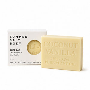 Summer Salt Body Coconut & Vanilla Soap Bar—100g with Summer Salt Body packaging on a white background