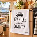 Annabel Trends caravan-themed cotton tea towel styled in a cozy caravan kitchen