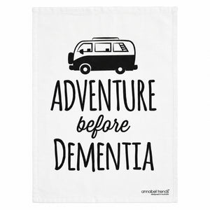 Annabel Trends Adventure Before Dementia cotton tea towel with black caravan illustration on white background