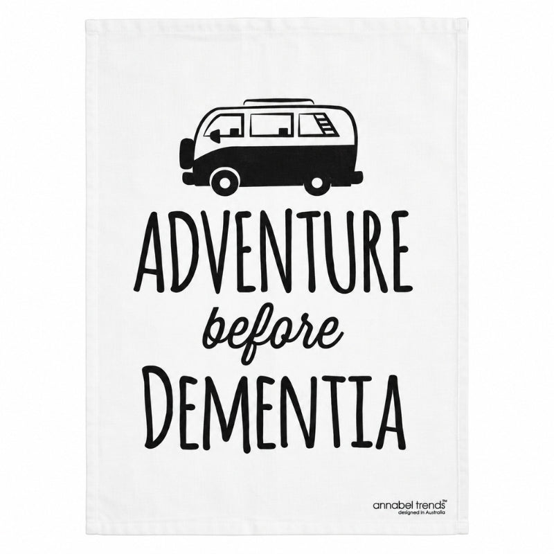 Annabel Trends Adventure Before Dementia cotton tea towel with black caravan illustration on white background