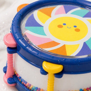 Close-up of Tiger Tribe Sunny Beats bath drum showing colorful sun design