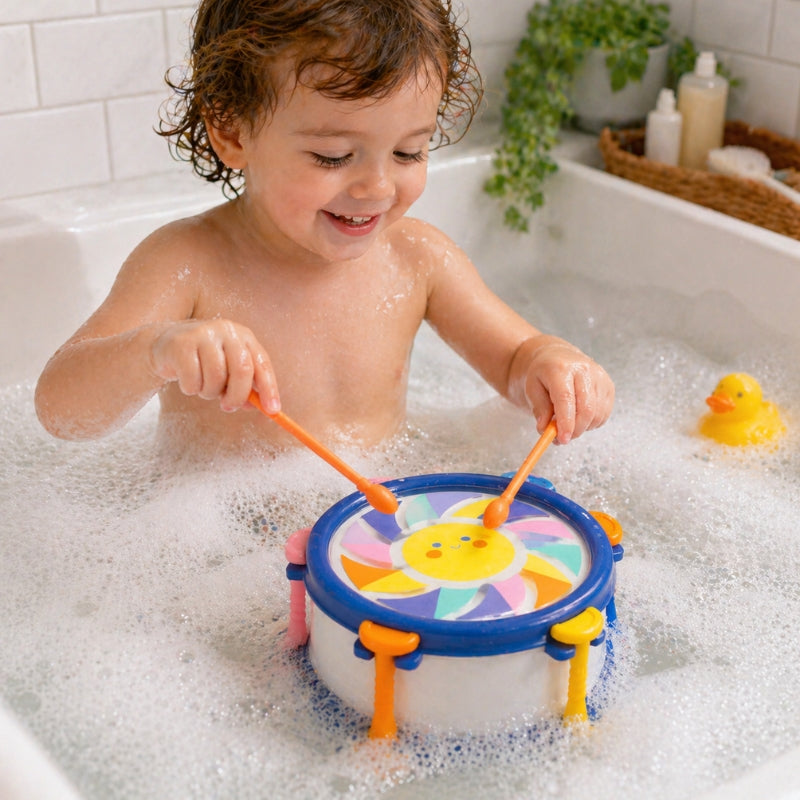 Child playing with Tiger Tribe Sunny Beats bath drum toy during bath time