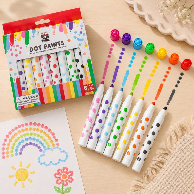 Set of colorful Tiger Tribe dot paint markers with packaging on a beige surface - Loveshack Giftware