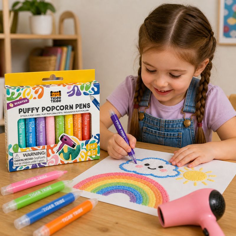 Kids using Tiger Tribe puffy popcorn pens for 3D artwork