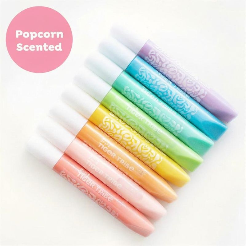 Close-up of colorful puffy popcorn pens pastel colors