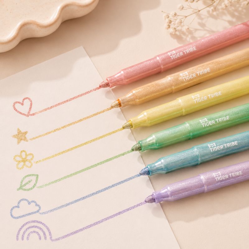 Set of colorful markers on a piece of paper with doodles, on a light background.--Loveshack Giftware