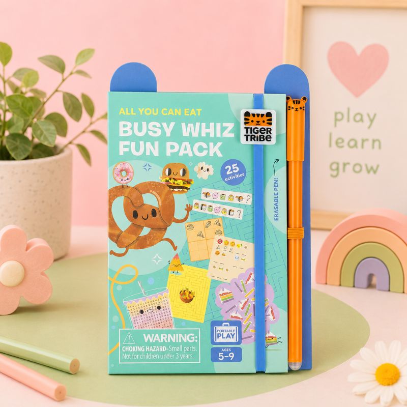 Busy Whiz Fun Pack by Tiger Tribe on a colorful background with stationery items.