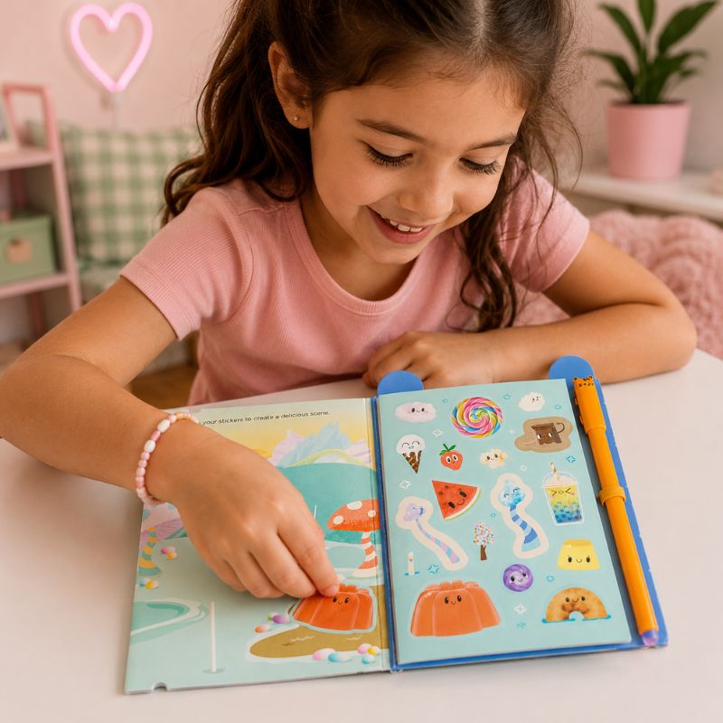 Child interacting with a colorful book filled with stickers in a cozy room.