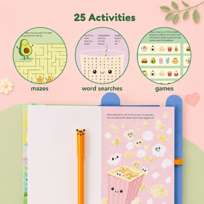 Children's activity book with mazes, word searches, and games on a pink background