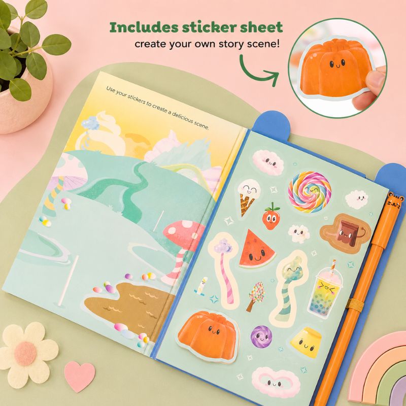 Open book with colorful stickers and a pen on a pink surface, featuring a sticker sheet for creating a story scene.
