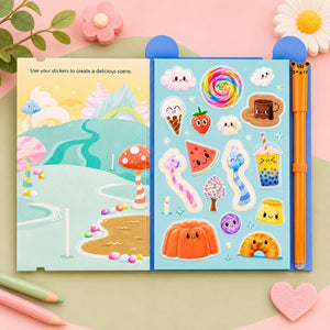 Sticker book with colorful stickers on a pink background