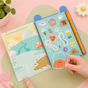 Colorful sticker book with cute illustrations on a pink surface