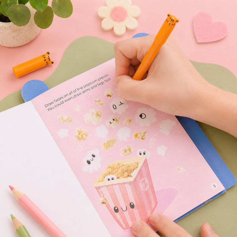 Hand holding a pencil over a coloring book with cartoon popcorn and faces on a colorful background