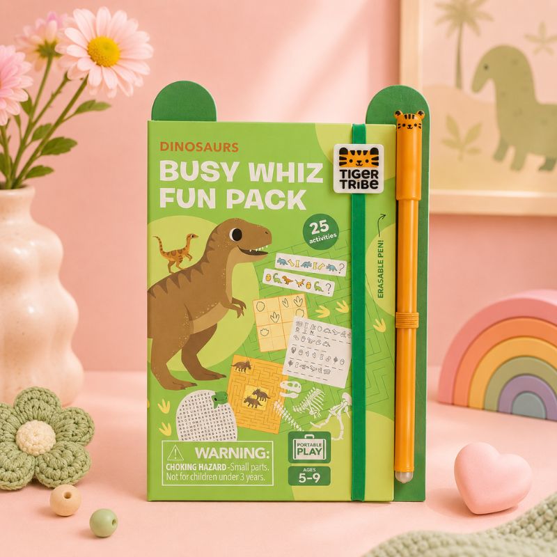 Dinosaurs Busy Whiz Fun Pack with an erasable pen on a pink background - Loveshack Giftware