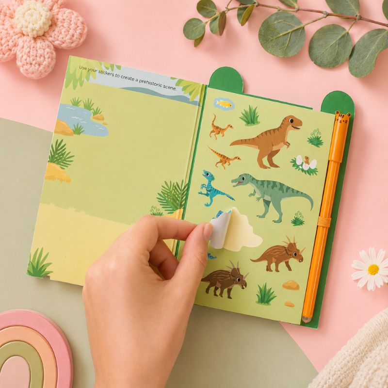 Dinosaur Busy Whiz with stickers and a pen on a colorful background