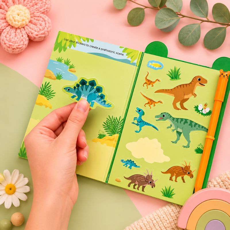 Busy Whiz book with dinosaur stickers on a colorful background