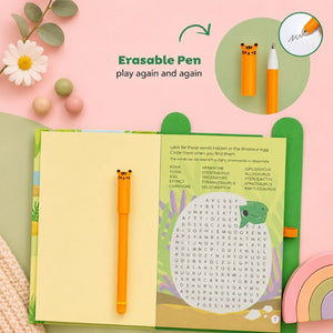 Erasable pen with dinosaur design on a children's activity book against a pink background.