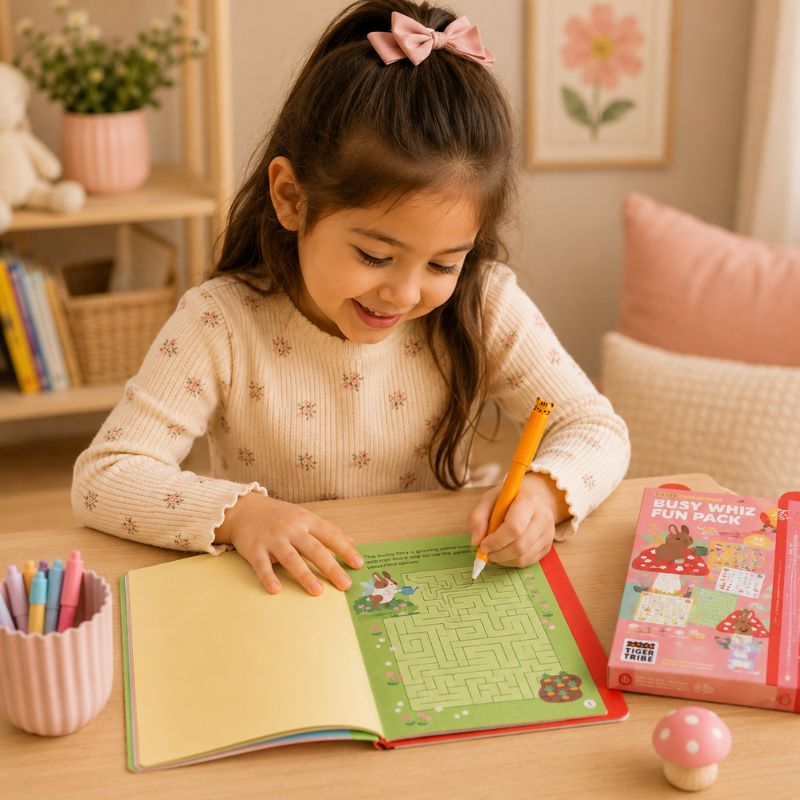 Young girl coloring in a book with a pencil on a wooden table.